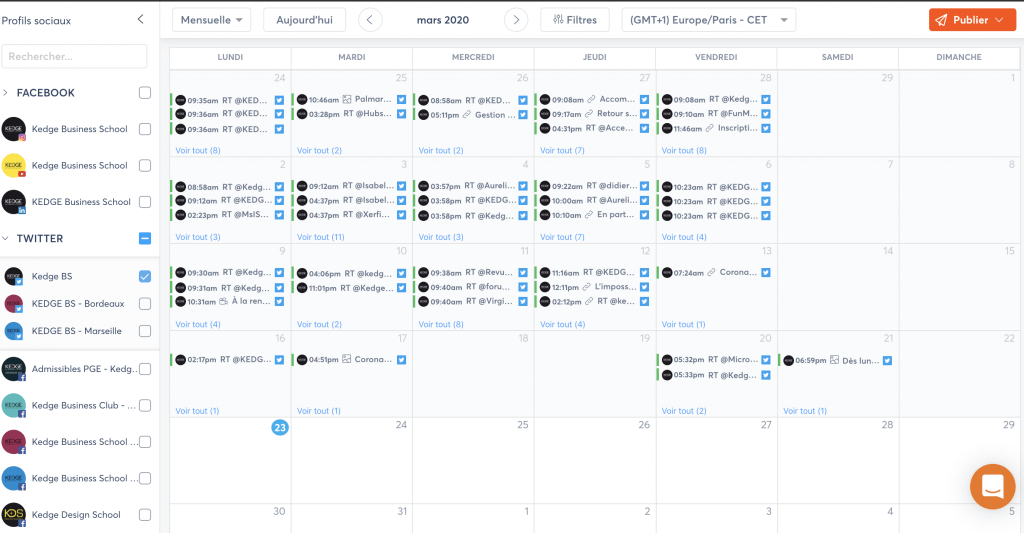 Capture d'écran du calendrier agorapulse de Kedge