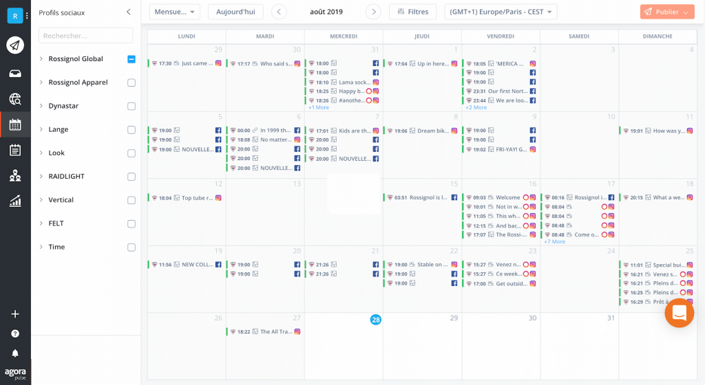 Capture d'écran du calendrier unifié de publication de Rossignol sur agorapulse