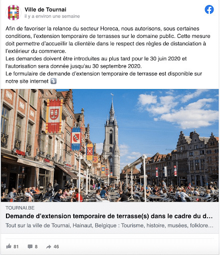 Capture d'écran d'un post facebook de la Ville de Tournai