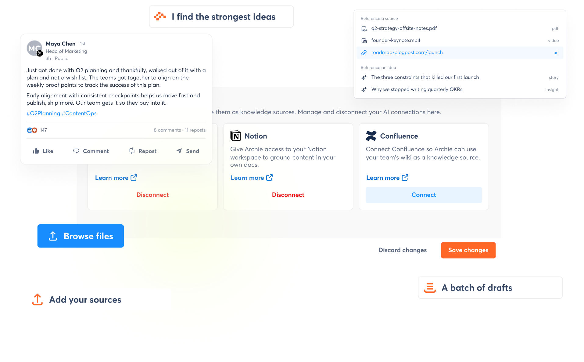 Archie AI interface combining trusted content sources, top-performing posts, and human review for secure social media creation