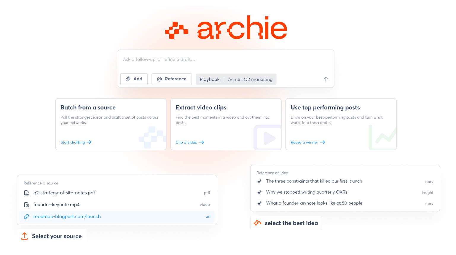 Archie AI repurposing interface turning webinars, videos, articles, and documents into on-brand social media posts