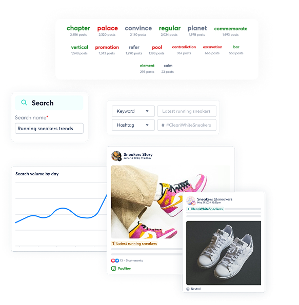 product screens showing how to Set Up Searches In Seconds with agorapulse listening