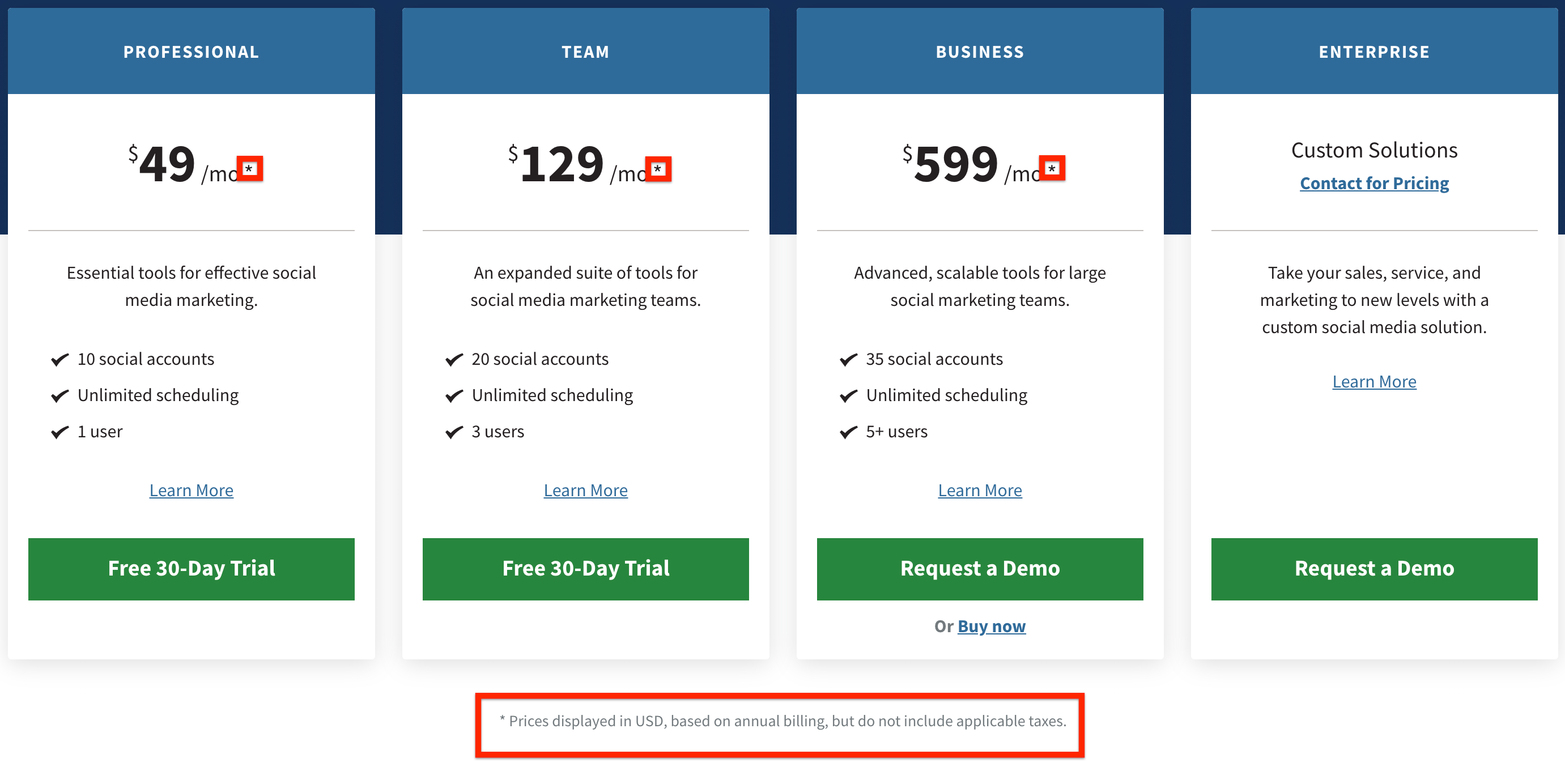 Hootsuite pricing plans have an asterisk.